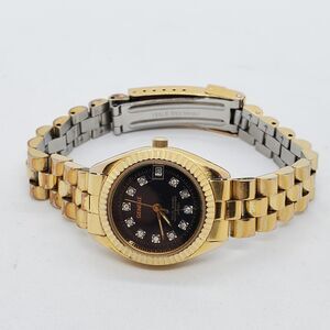 VTG GENEVE Women's Watch 25MM Gold Case Bracelet Black Dial Date 7" New Battery